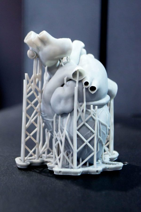 3D printed human heart prototype close-up. Object photopolymer printed on stereolithography 3D printer. Technology of liquid photopolymerization under UV light. New 3D printing technology for medicine
